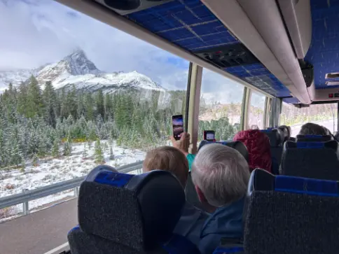 A view of the Rocky Mountains from inside the Key West Bus